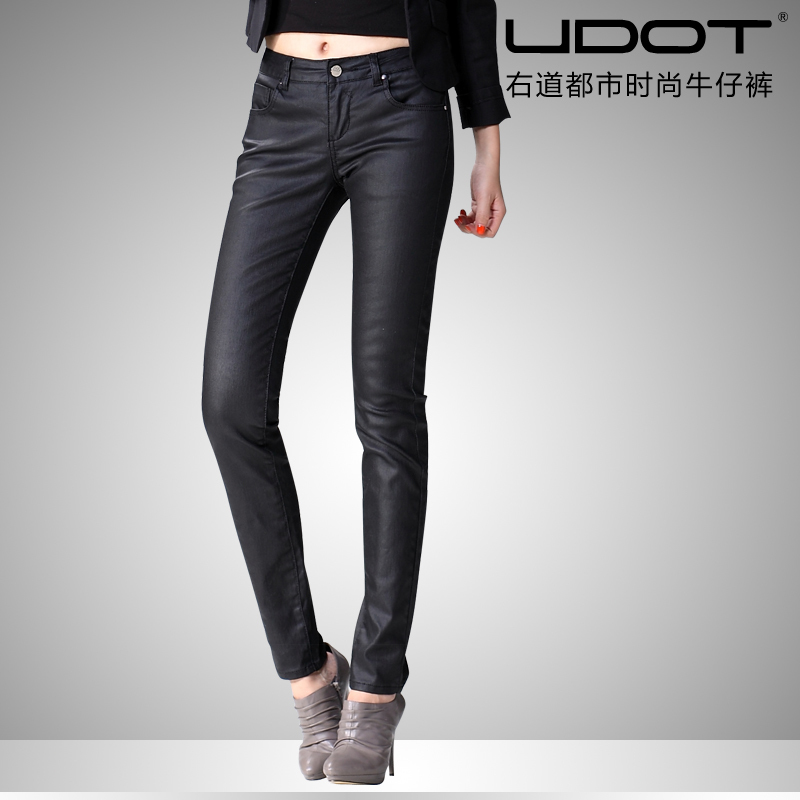 【雨露】预售UDOT新款光泽涂层面料车线中腰小脚牛仔裤女U229