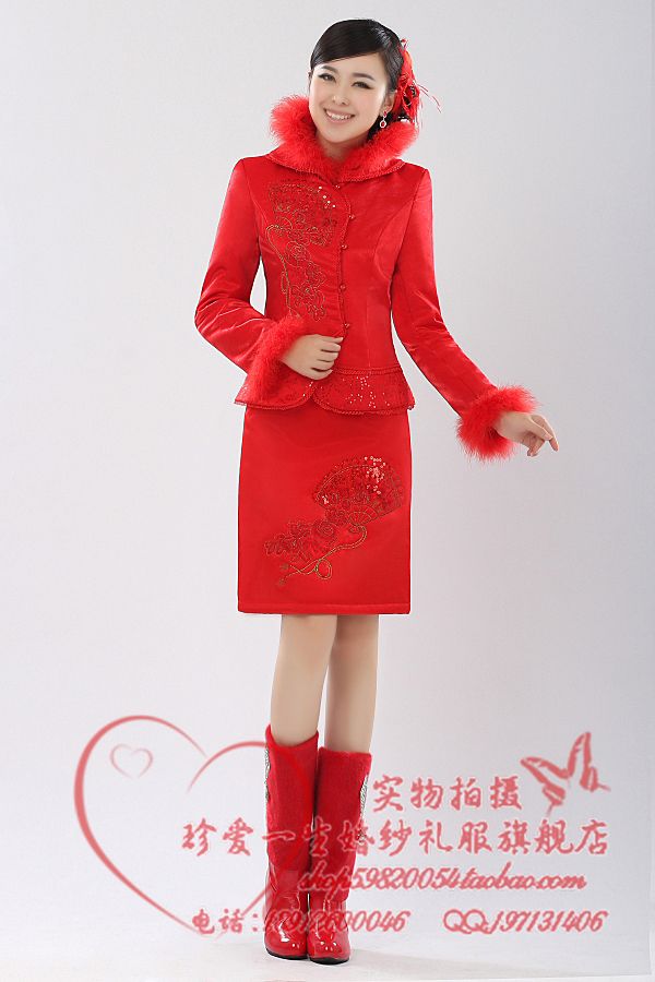 2012新款 红色结婚旗袍 冬季冬装旗袍 新娘红色礼服敬酒服Q103