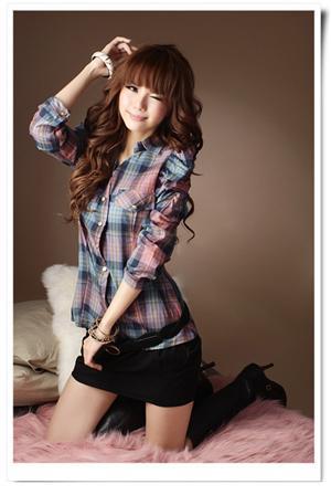 2011新款春装女装韩版长袖修身时尚休闲大码女款衬衫格子女衬衫