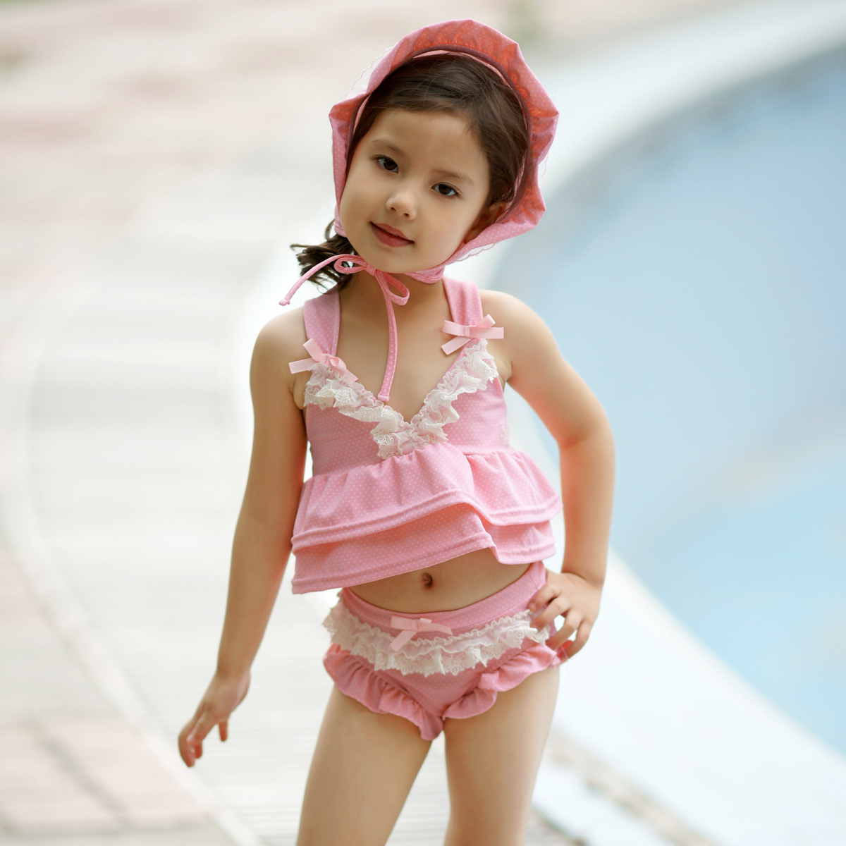 淘品牌珍妮贝尔女童泳装 粉红色蕾丝花边泳衣 2011新款