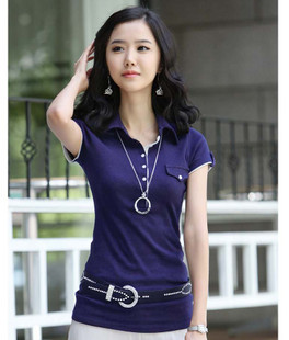 2011新款韩版夏装大码女装修身个性衬衣领短袖T恤sx2035款