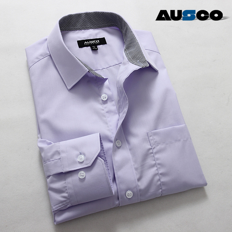 AUSCO男士衬衫紫罗兰插格长袖衬衣免烫商务 英伦正装韩版修身潮男