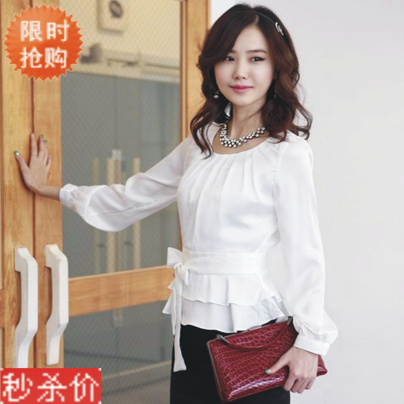 秋装新款2011新品大码女装 韩版修身白色雪纺衫/长袖雪纺上衣衬衫