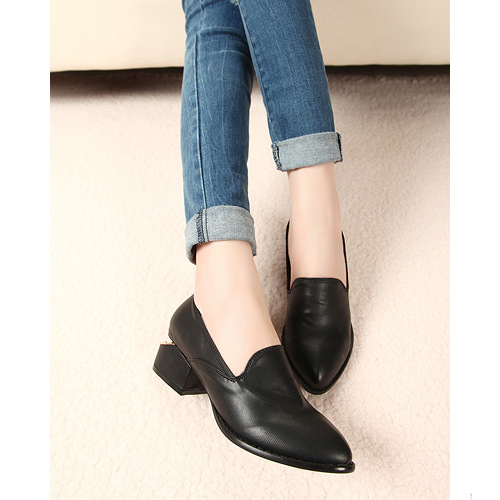 韩版时尚秋鞋单鞋 个性异型跟纯色黑色女士皮鞋 舒适中跟女鞋