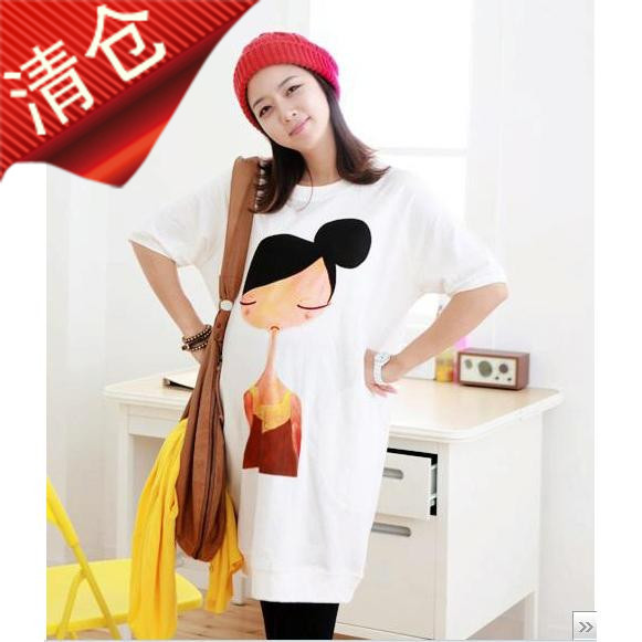韩版孕妇装 春夏季款孕妇上衣 长款 大码孕妇T恤 可爱美女图案