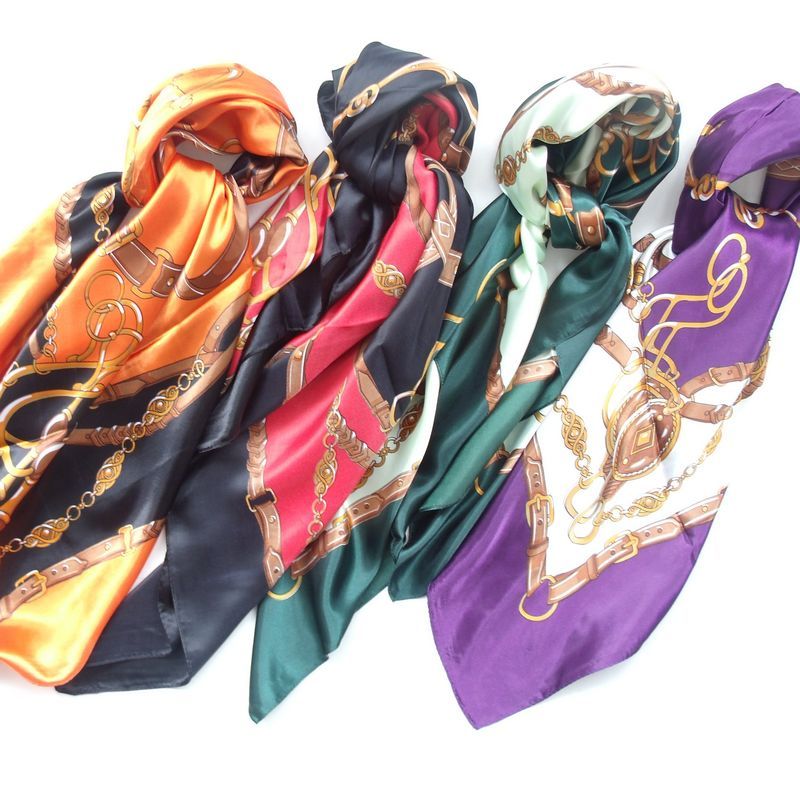 仿真丝丝绸 大方巾 丝巾 围巾 马具 链条 橘黑|紫|红黑|墨绿色