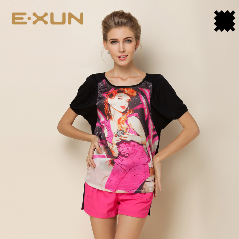 EXUN正品女装夏夏季新款K 蝙蝠袖T恤修身印花短袖圆领百搭时尚潮T