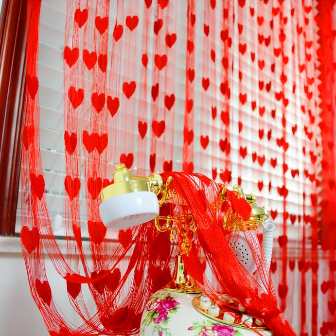 结婚用品 新房装饰门帘红色爱心窗帘子 韩式桃心形爱心线帘 婚庆