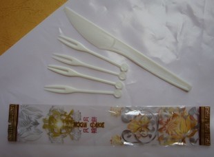 一次性塑料中秋月饼刀叉 套装一刀四叉 米黄10套