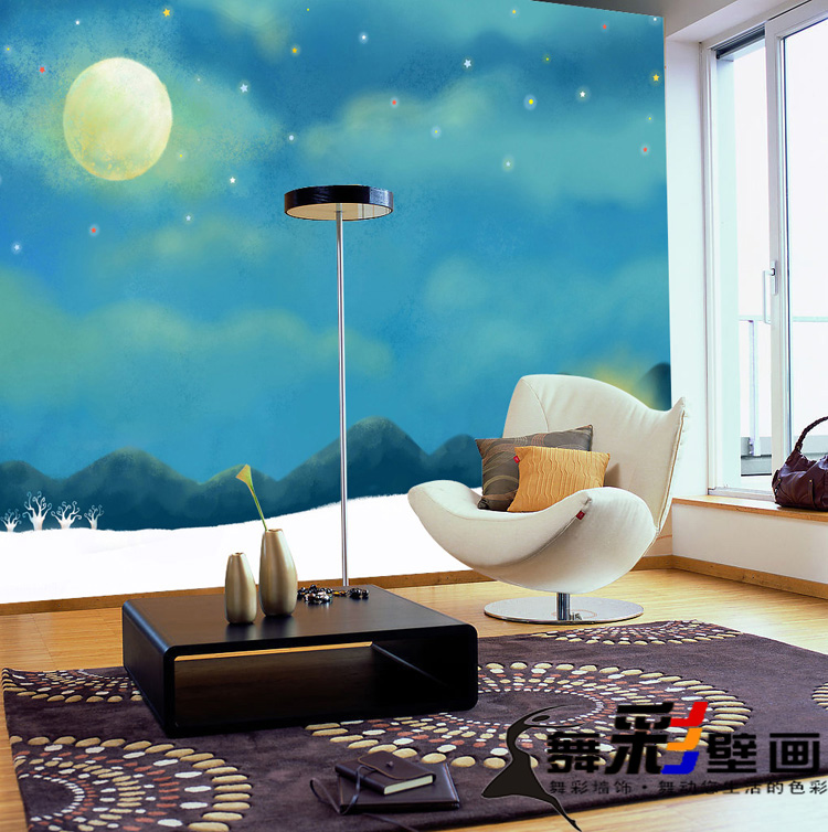 大型定制壁画星空月夜儿童房背景墙纸唯美韩国壁纸手绘地中海风格