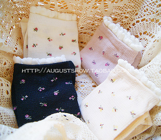 森林系 温柔花朵碎花 纯棉复古可爱 花边短袜堆堆袜 日本原单