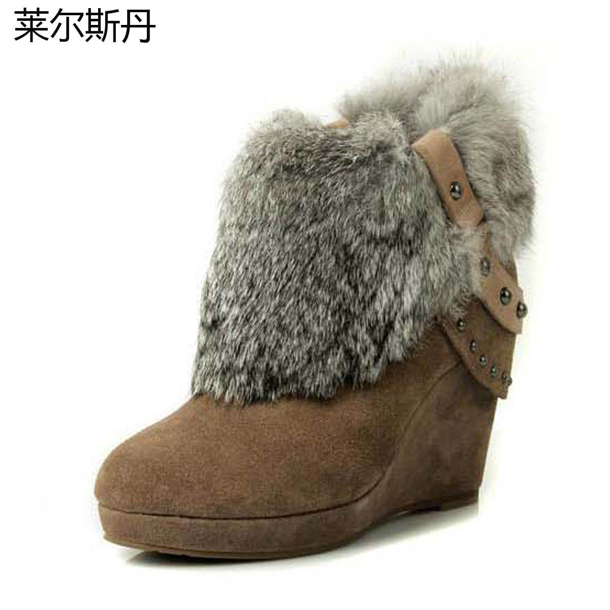 莱尔斯丹专柜正品2012新款秋款真兔毛坡跟女鞋马靴靴子2T91602