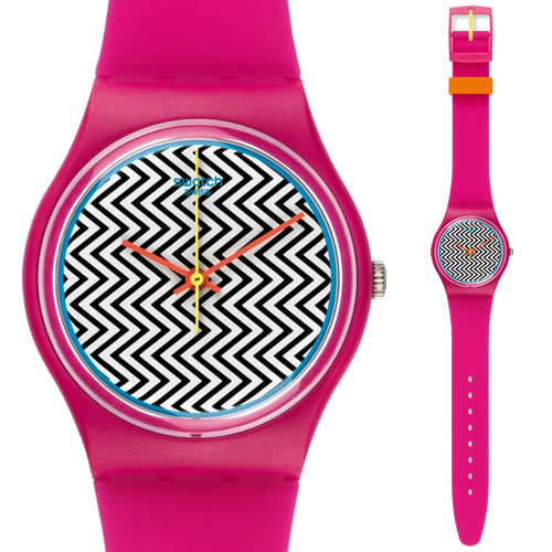 专柜正品斯沃琪 Swatch 手表 2014 粉色条纹原创 粉色绒毛 GP142