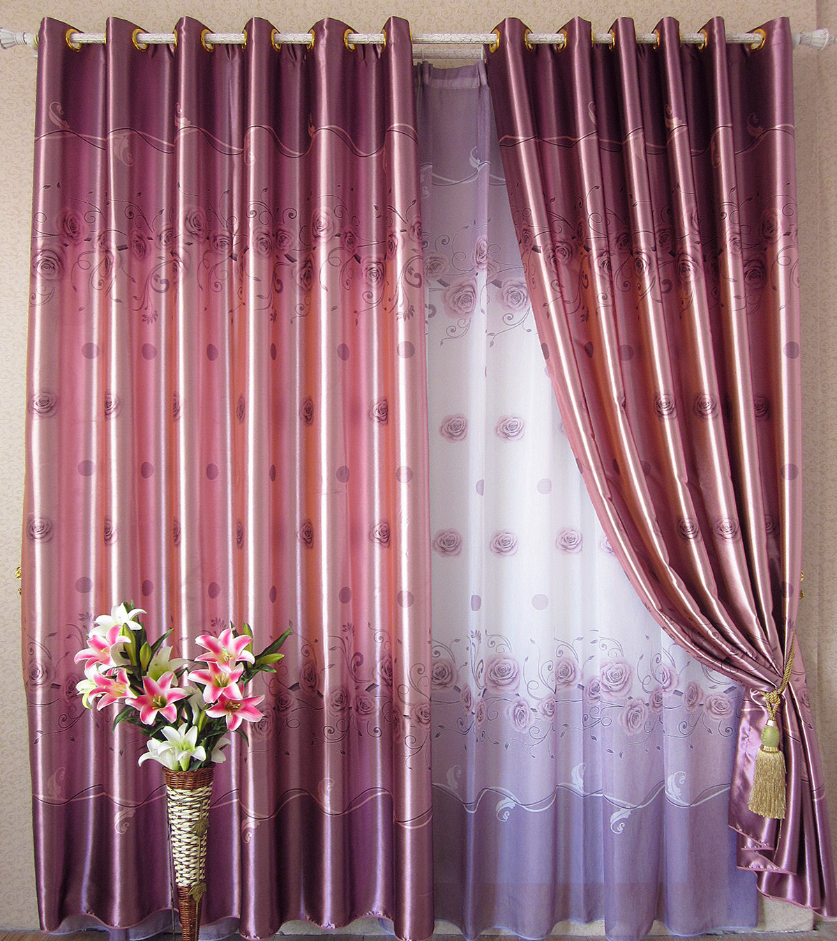 九洲布艺 高档一级遮光遮阳布 紫色玫瑰 窗帘定制 加厚防晒隔热