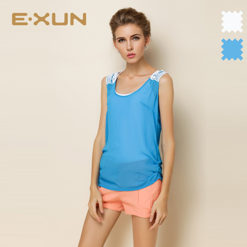 EXUN正品女装夏夏季新款K 蕾丝拼接露背无袖两件套背心雪纺上衣