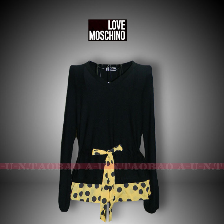 2011新款MOSCHINO 黑色V领波点圆点系带收腰薄长袖女针织衫