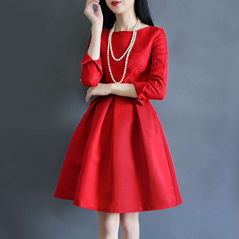 2015赫本风一字领大码敬酒礼服红色连衣裙秋装长袖印花蓬蓬裙打底