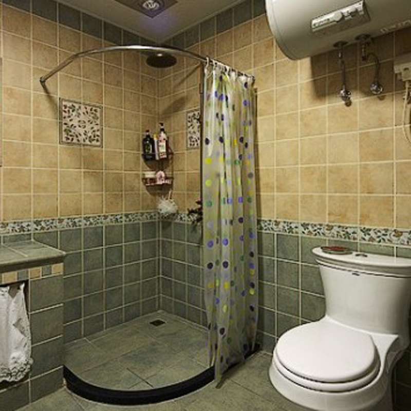 桑德派因浴室套装304不锈钢浴杆弧形+挡水条+浴帘+304不锈钢挂钩