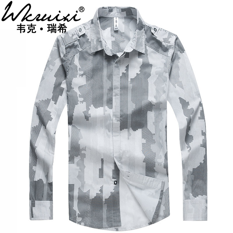 韦克瑞希2015春季新款青少年印花纯棉衬衣高档品质男士长袖衬衣潮