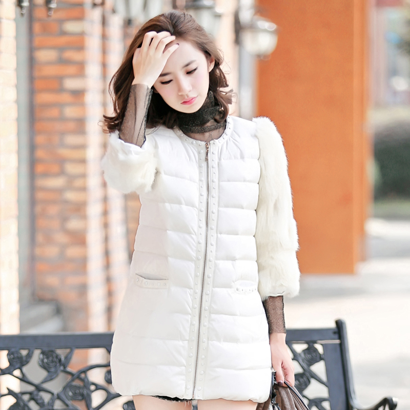 2014冬季新款韩版中长款皮草羽绒服拼接纯色加厚圆领上衣中袖外套