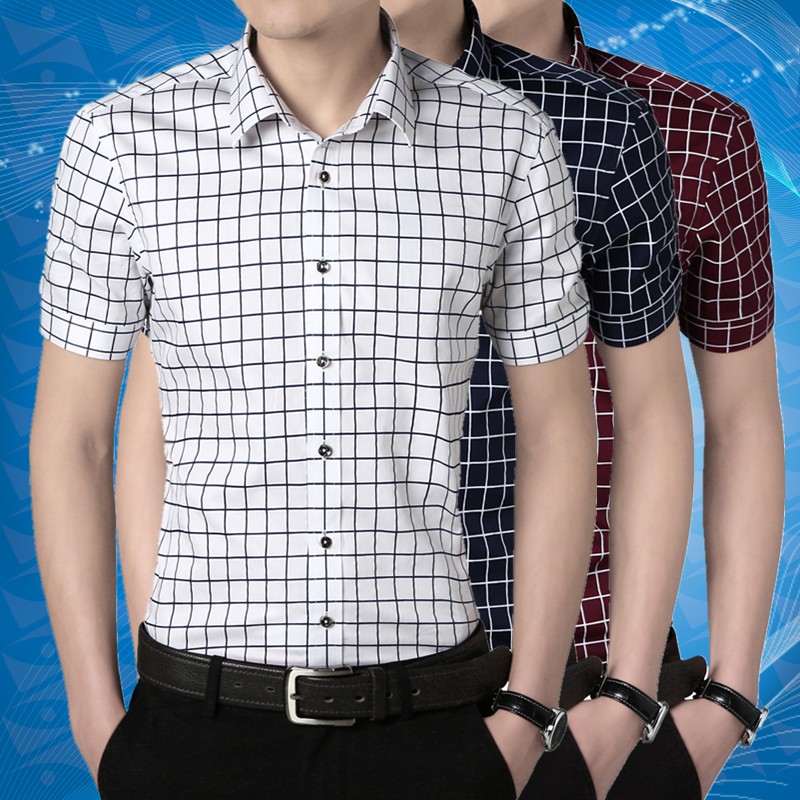 2015夏装新款男式短袖衬衫韩版时尚百搭纯棉格子潮流男士短袖衬衫