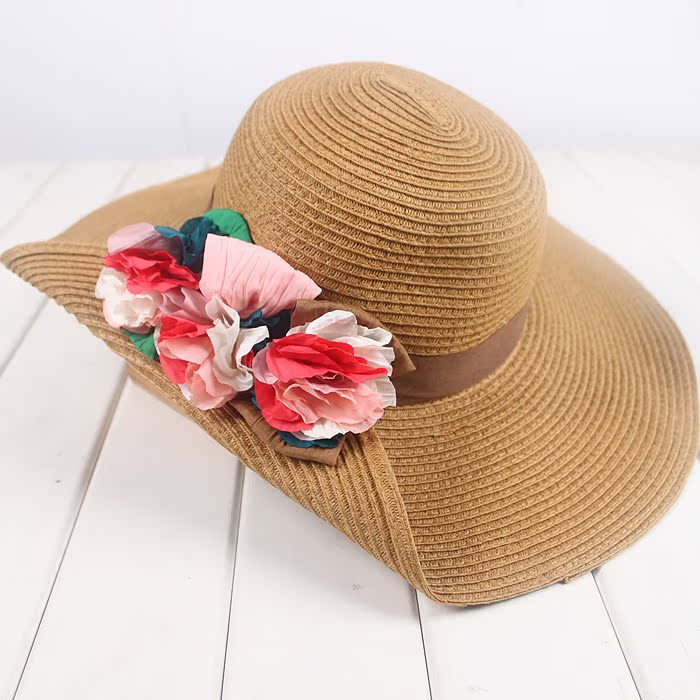 韩版 太阳帽新款花朵翻边太阳帽遮阳帽沙滩帽大沿帽大草帽子百搭