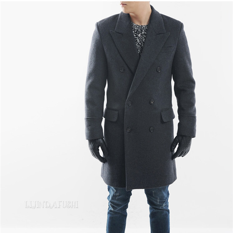 羊毛呢大衣2015冬装新款韩版男装 修身双排扣加棉西装领毛呢外套