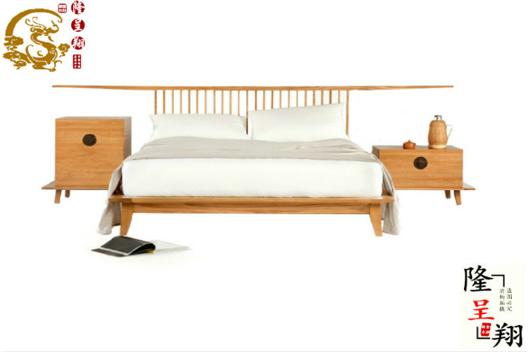 隆呈翔新中式榆木免漆家具 双人床婚床实木 休闲简约现代 床头柜