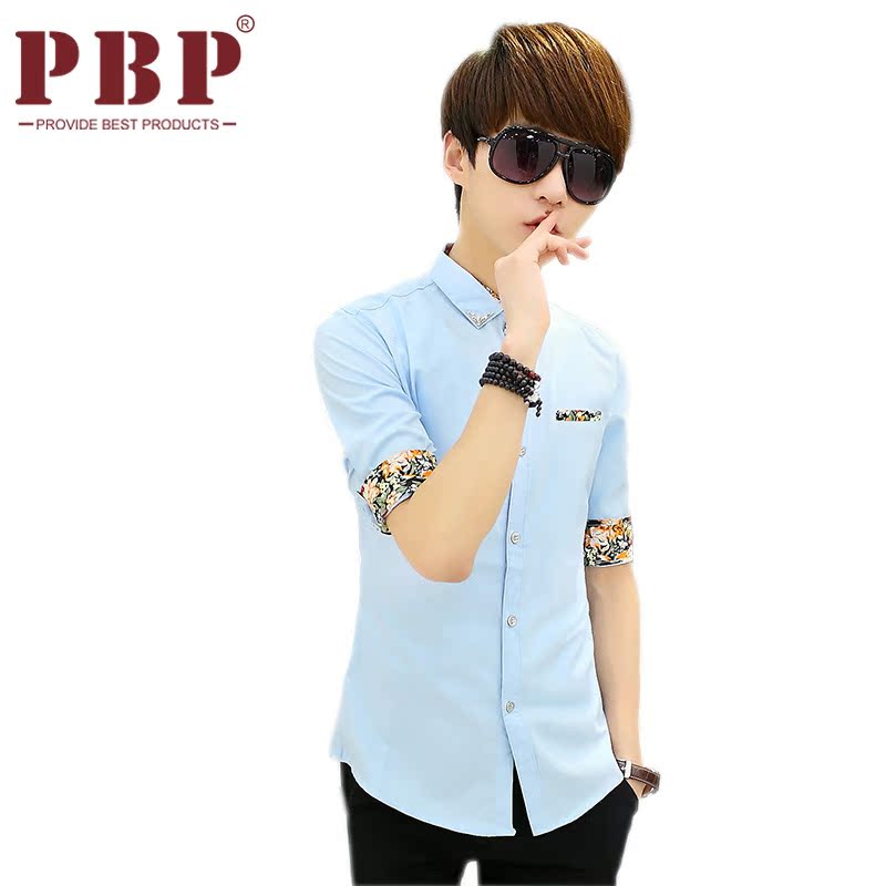 pbp夏季青少年韩版潮修身短袖衬衫 男士青春流行拼色印花休闲衬衣