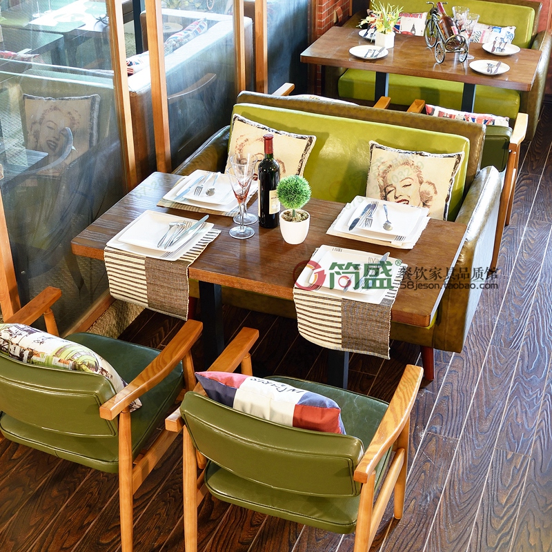 实木桌椅组合 新款 西餐厅咖啡厅沙发 复古全皮休闲餐厅沙发桌椅