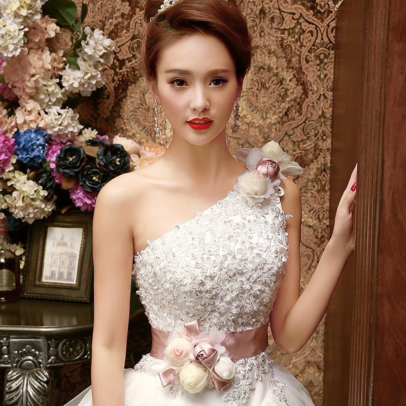 韩版韩式单肩公主新娘蕾丝 婚纱礼服2015春夏季新款甜美花朵定制