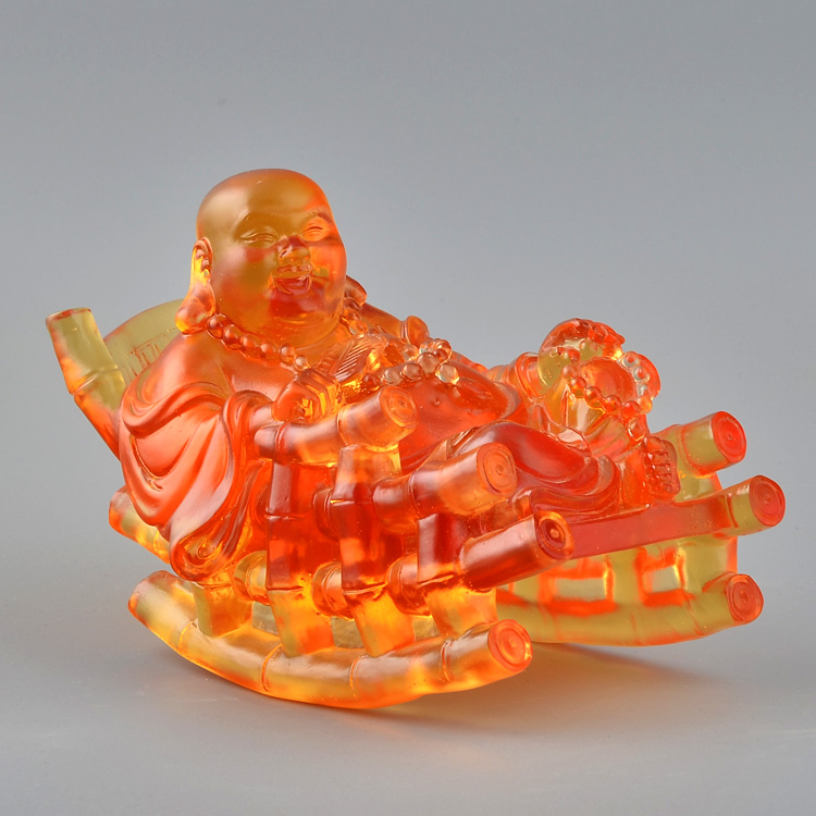 新款琥珀色古法琉璃自在弥勒佛摆件佛教风水家居装饰佛像雕塑摆设