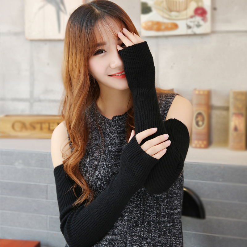 韩版秋冬季保暖可爱毛线手臂套半指袖套女露指长款手套假袖子手袖