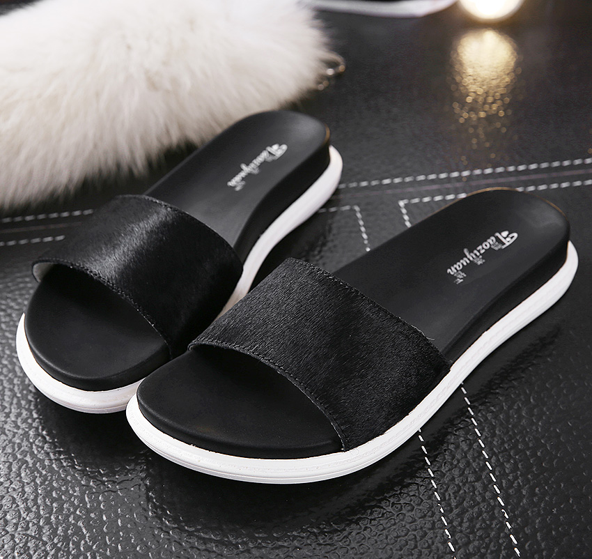 2015夏新款时尚韩版平跟凉拖鞋 黑色女式真皮马毛一字型厚底拖鞋