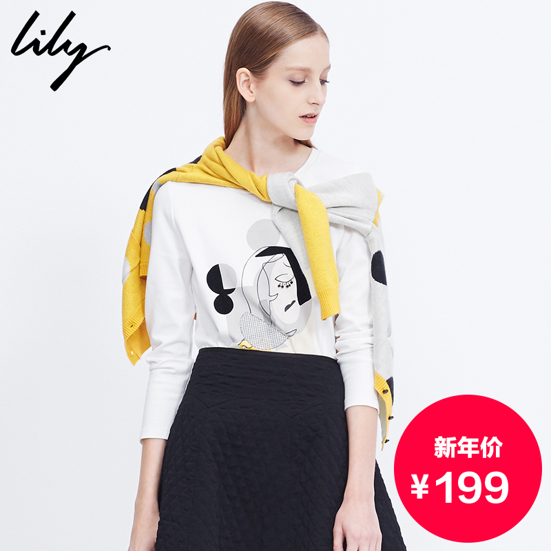 Lily2015冬新款女装贴布钉珠印花圆领长袖T恤115430A8728
