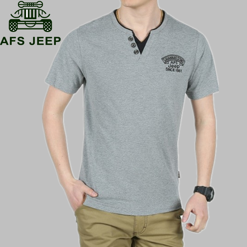 夏季男士T恤AFS/ JEEP专柜正品短袖t恤 宽松V领纯棉战地吉普t恤衫