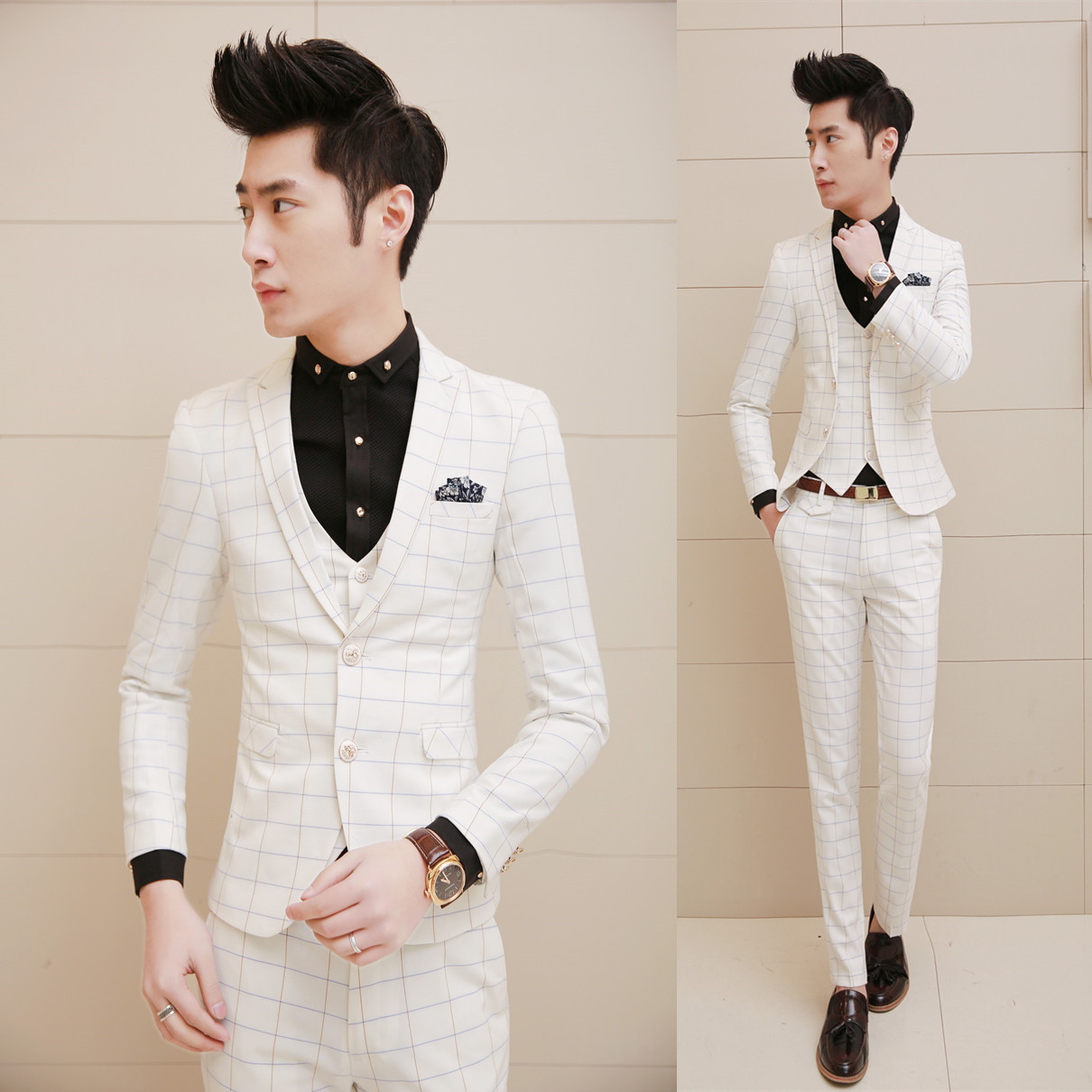 15春夏季新款男士白色格子西服 韩版结婚礼服三件套 薄款外套男装