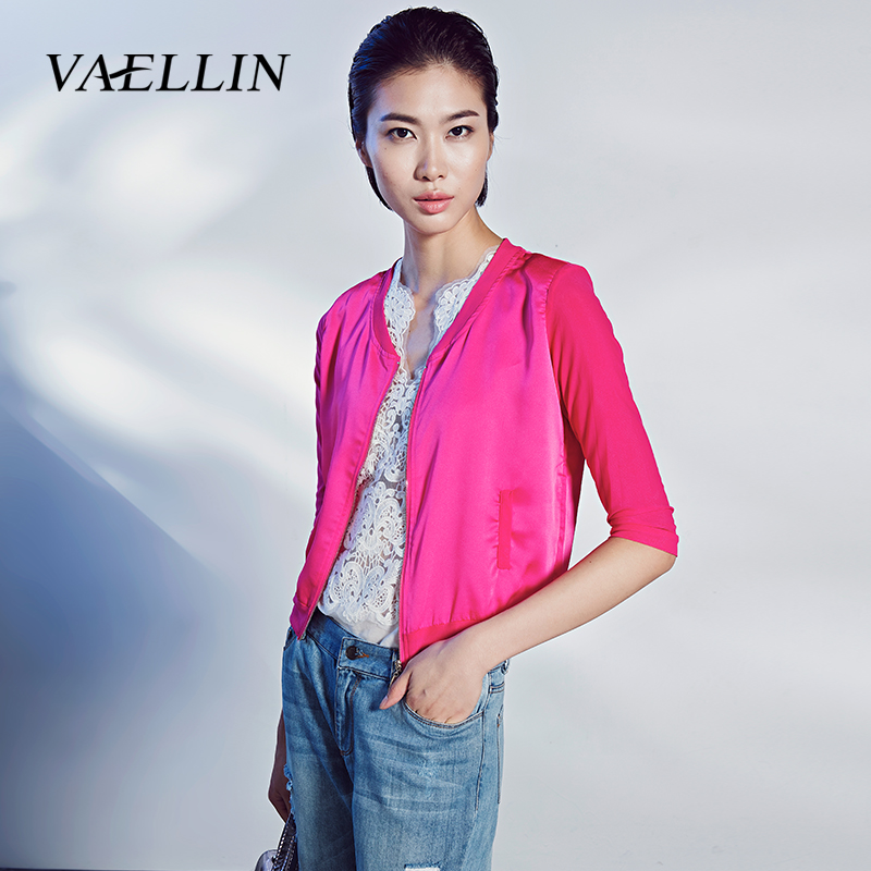 VAELLIN/梵依连2015秋装新款简约薄款七分袖开衫纯色棒球服女外套