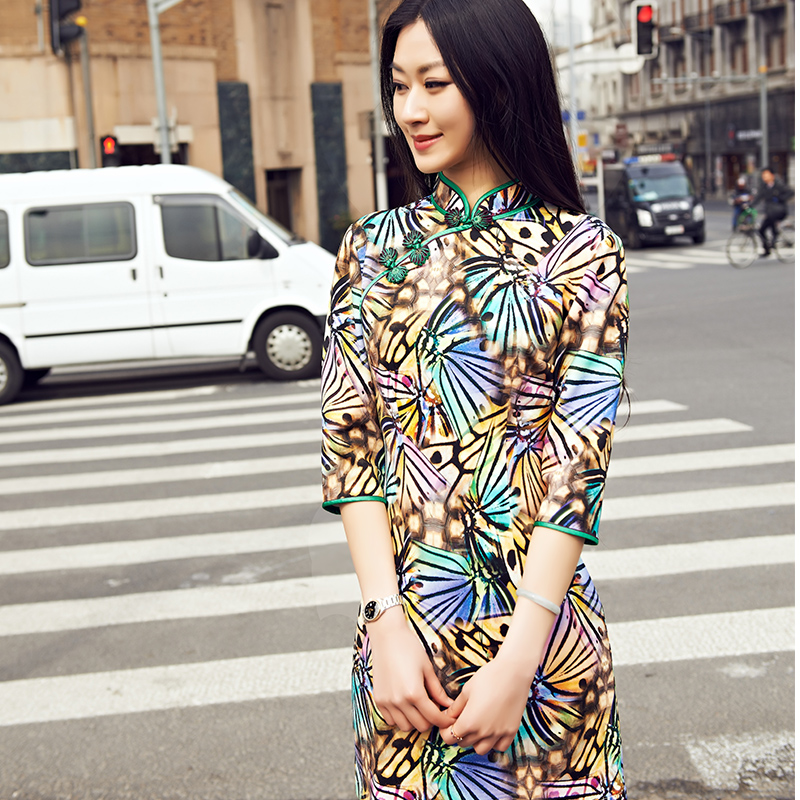 丽妍棠 夏季2015新款时尚条纹 修身显瘦旗袍 短款聚会礼服连衣裙