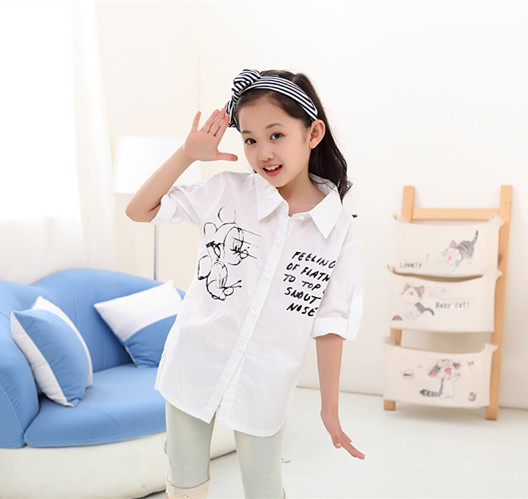 女童衬衫2014夏装新款亲子装纯棉童装米奇短袖白衬衫韩版女童衬衫