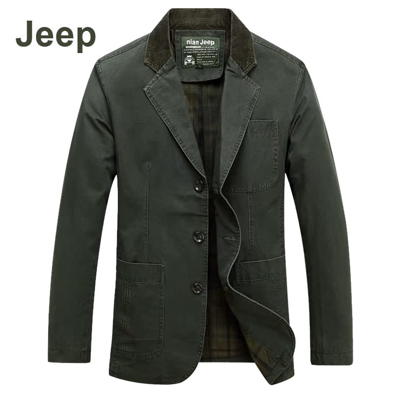吉普Jeep男士西装男加肥加大码春秋装薄款宽松纯棉单中年休闲外套