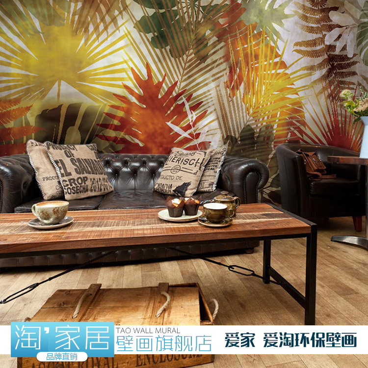 东南亚3D复古棕榈树大型壁画客厅沙发墙纸瑜伽馆芭蕉叶西餐厅壁纸