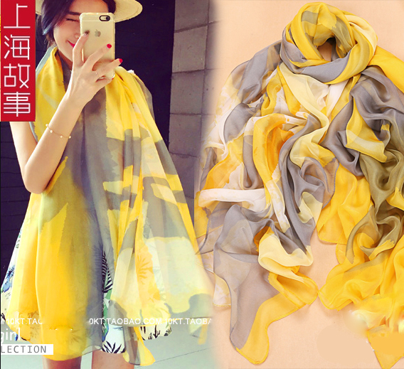 上海故事夏季时尚黄色真丝丝巾雪纺超大沙滩防晒披肩长纱巾女包邮