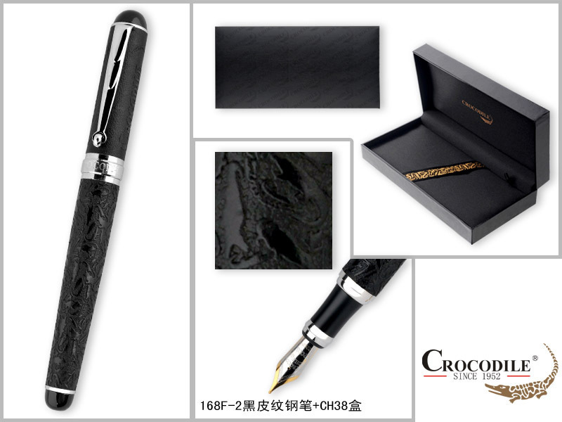 正宗鳄鱼笔CROCODILE欧洲系列168F-2黑皮纹钢笔+CH38盒