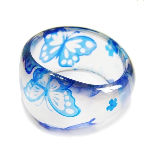 （买家真人秀）韩版 波西米亚 透明蓝蝴蝶 树脂亚克力宽手镯/手环