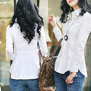 2011白衬衫女欧美白衬衣女款韩版百褶LO长袖通勤职业装女装衬衫