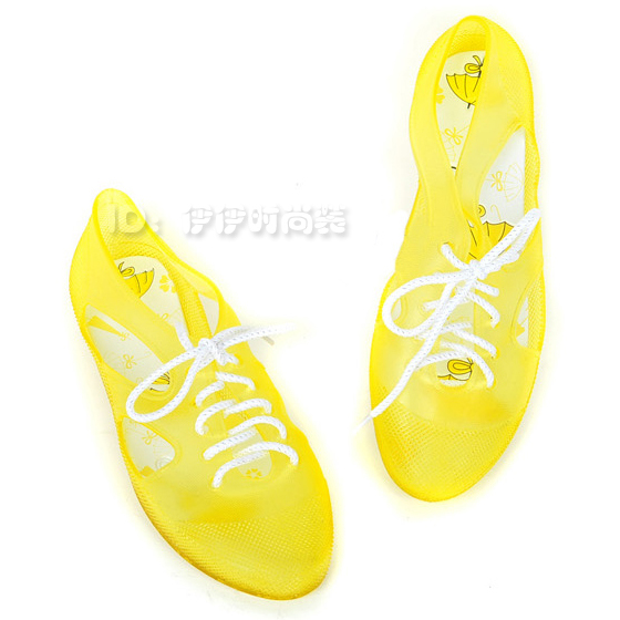 复古款系带果冻鞋 塑胶鞋 透明平底凉鞋 雨鞋 黄色 镂空洞洞鞋