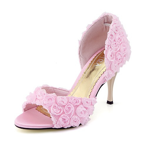 新款韩版粉色玫瑰花朵高跟小码凉鞋31 32 33婚纱礼服宴会鞋