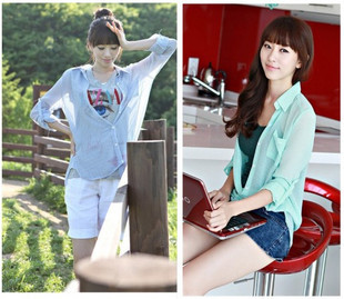 夏天必备！2011新款韩版秋冬装女装雪纺防晒格子长袖衬衫