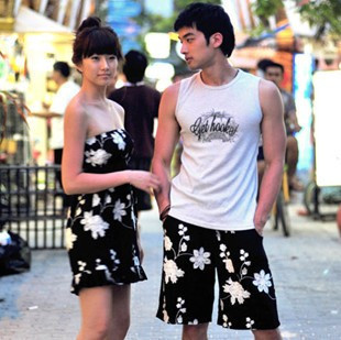 亦美珊韩国设计风格黑色绣花情侣装沙滩裤+沙滩裙